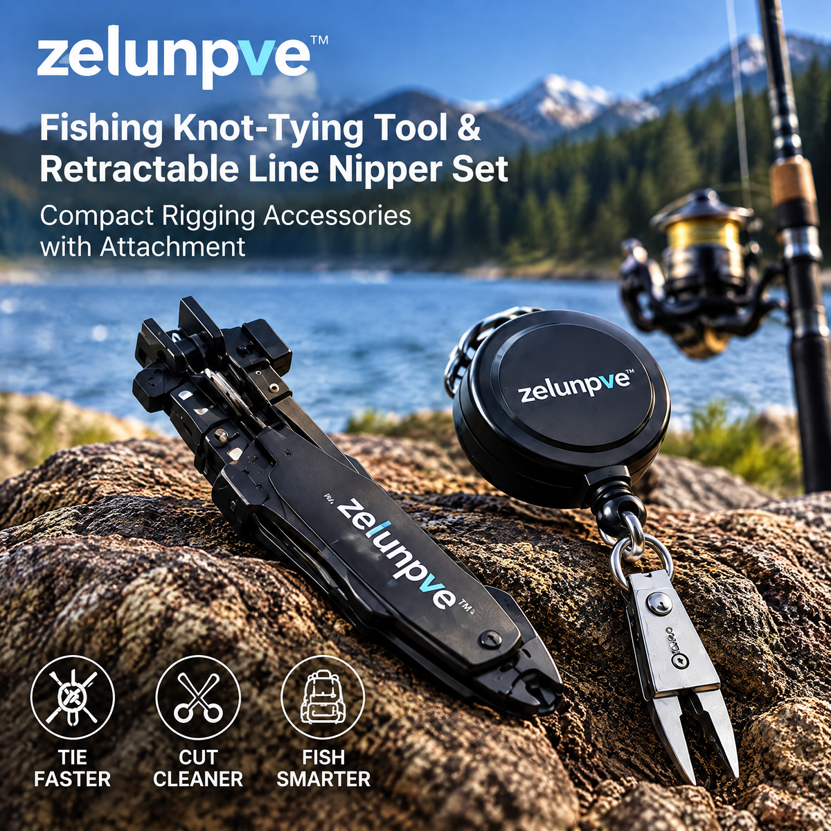 zelunpve™ Fishing Knot-Tying Tool & Retractable Line Nipper Set, Compact Rigging Accessories with Attachment Clip