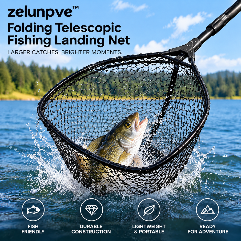 zelunpve™ Folding Telescopic Fishing Landing Net, Rubber-Coated Mesh with 16 × 14-Inch Hoop