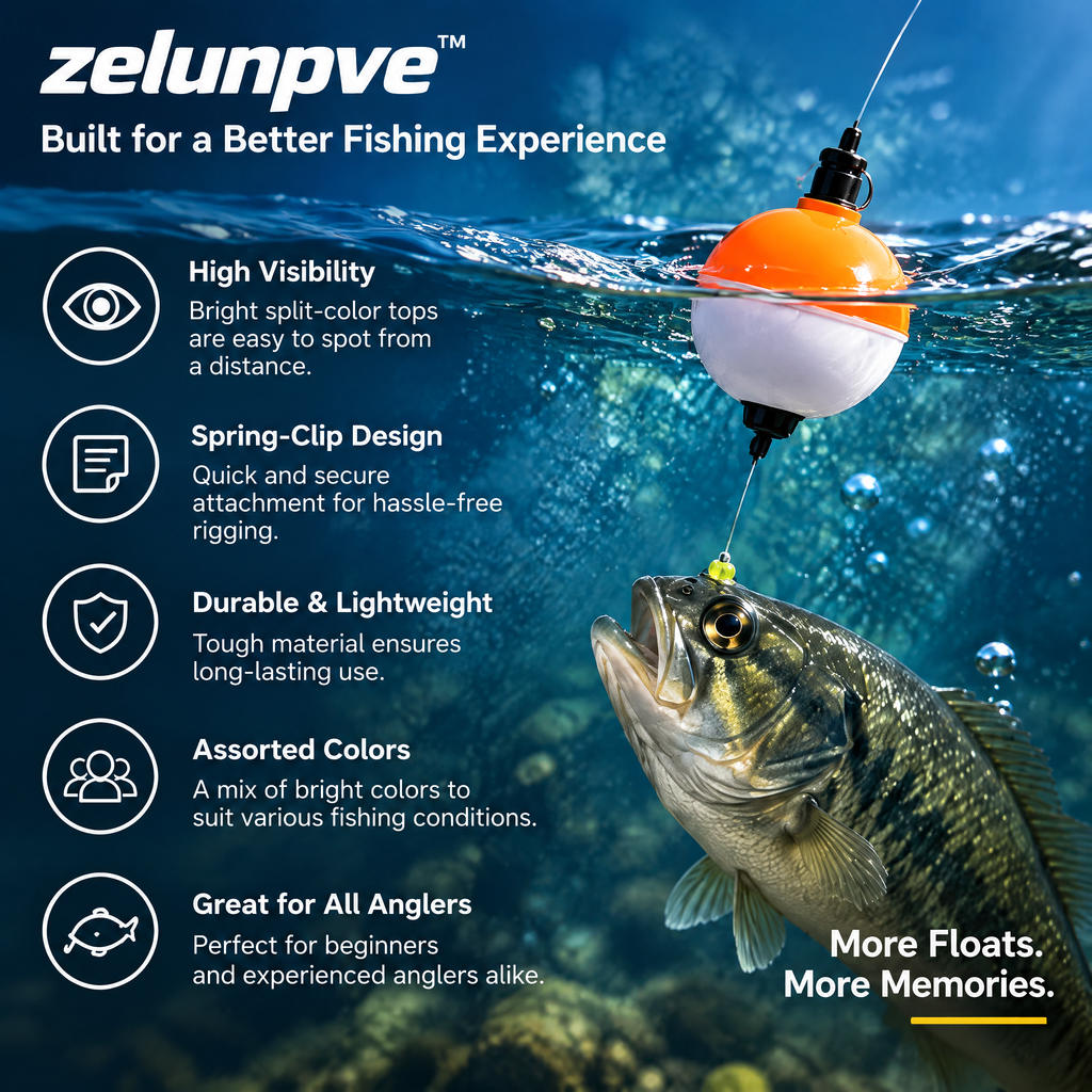 zelunpve™ 12-Pack Spring-Clip Fishing Bobbers, Assorted Round Floats with Split-Color Tops