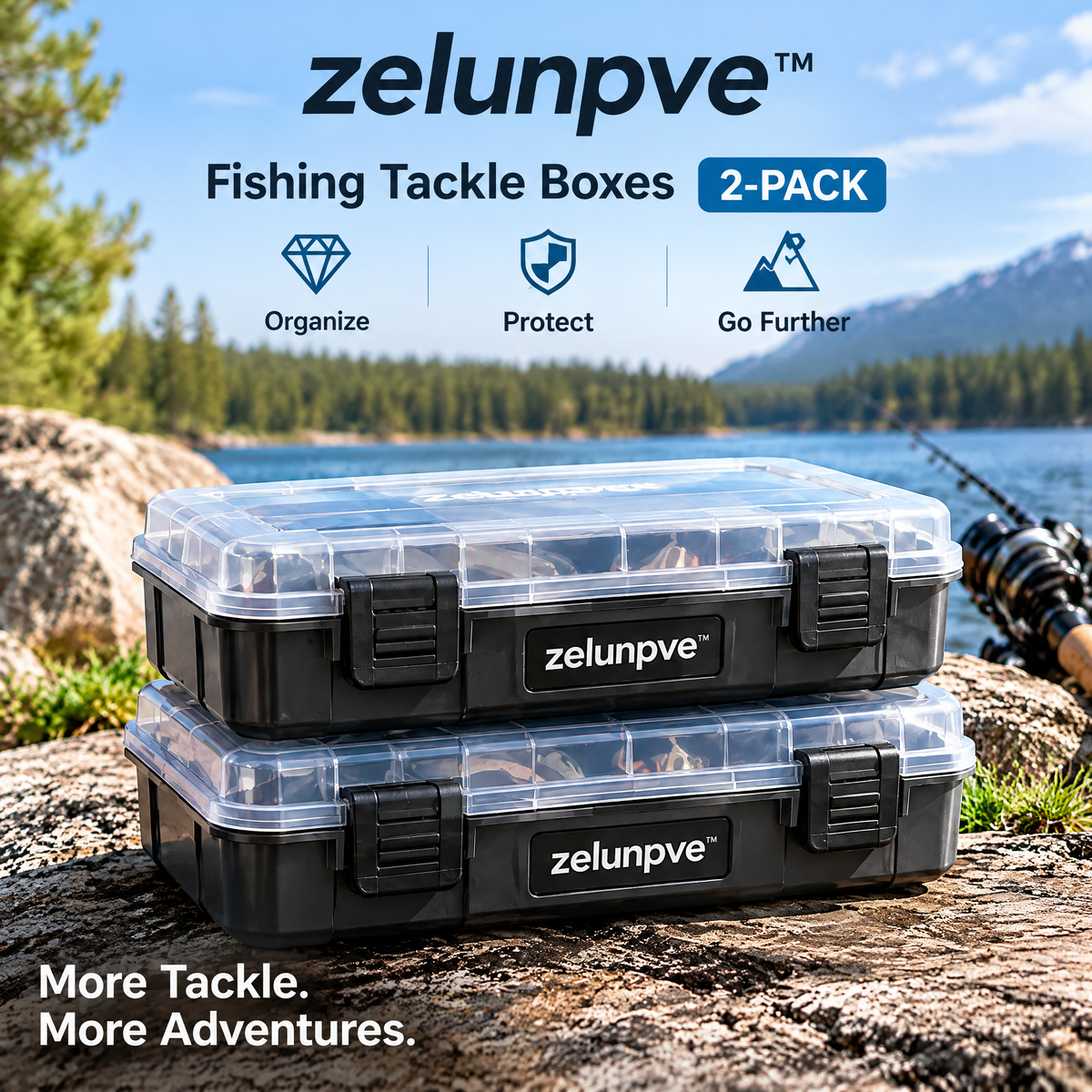 zelunpve™ Adjustable Fishing Tackle Boxes, 2-Pack Utility Organizers with Removable Dividers & Clear Lids