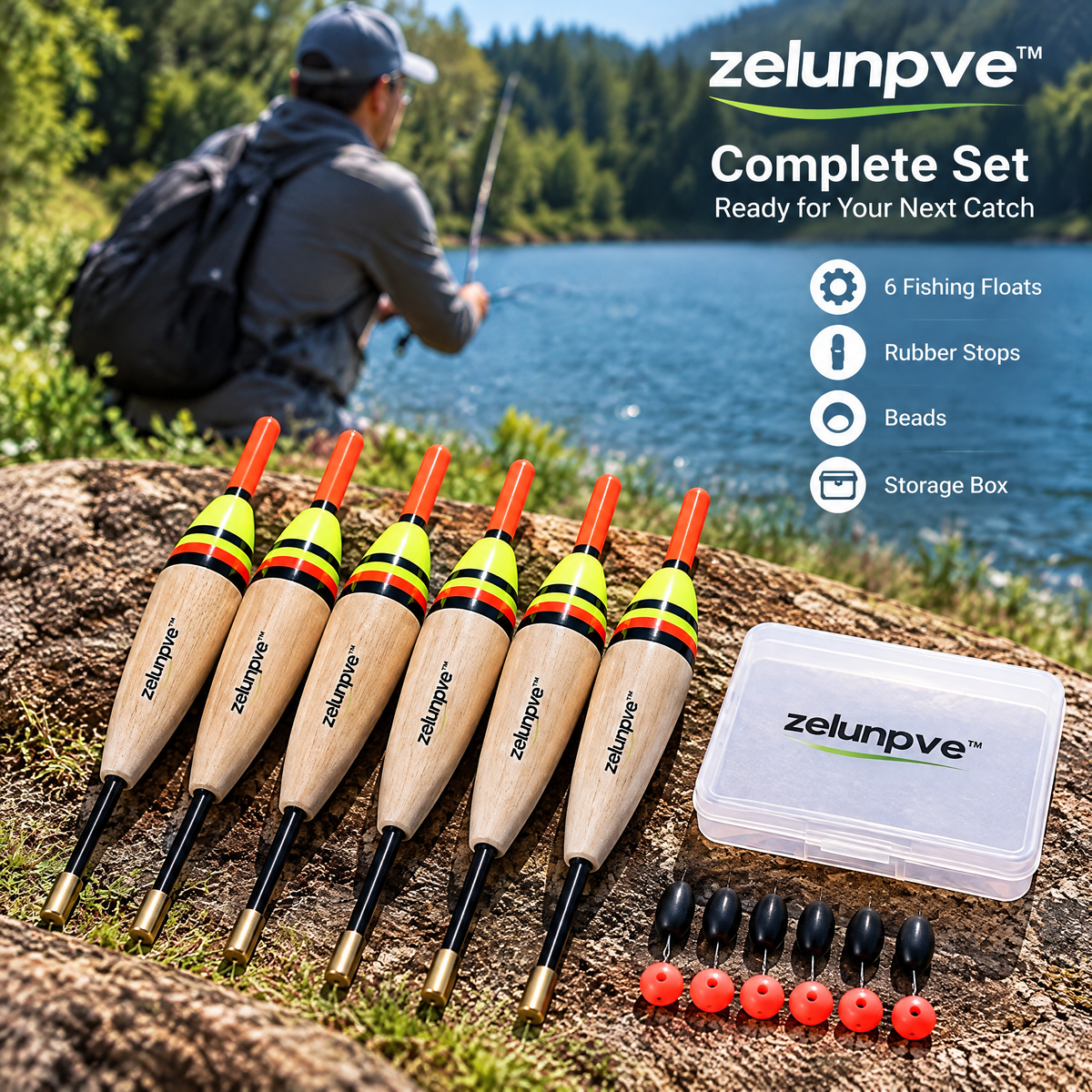 zelunpve™ 6-Pack Slip Fishing Floats, Balsa Bobber Set with Stops & Beads for Freshwater Float Rigs
