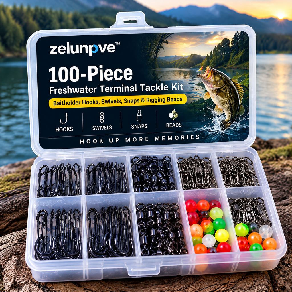 zelunpve™ 100-Piece Freshwater Terminal Tackle Kit, Baitholder Hooks, Swivels, Snaps & Rigging Beads