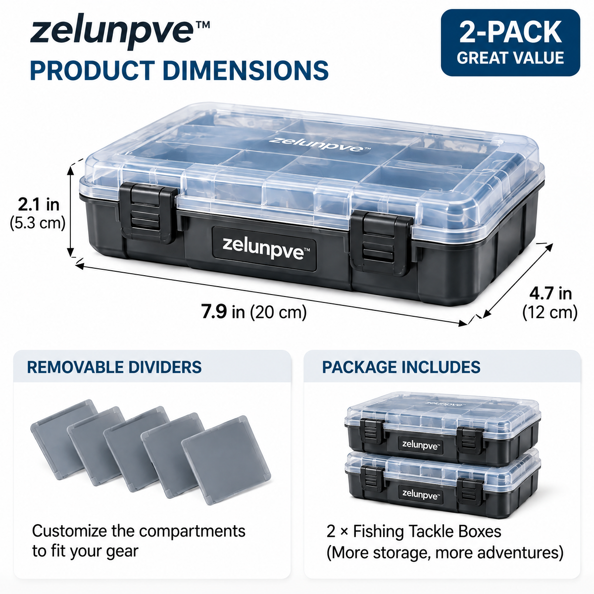 zelunpve™ Adjustable Fishing Tackle Boxes, 2-Pack Utility Organizers with Removable Dividers & Clear Lids